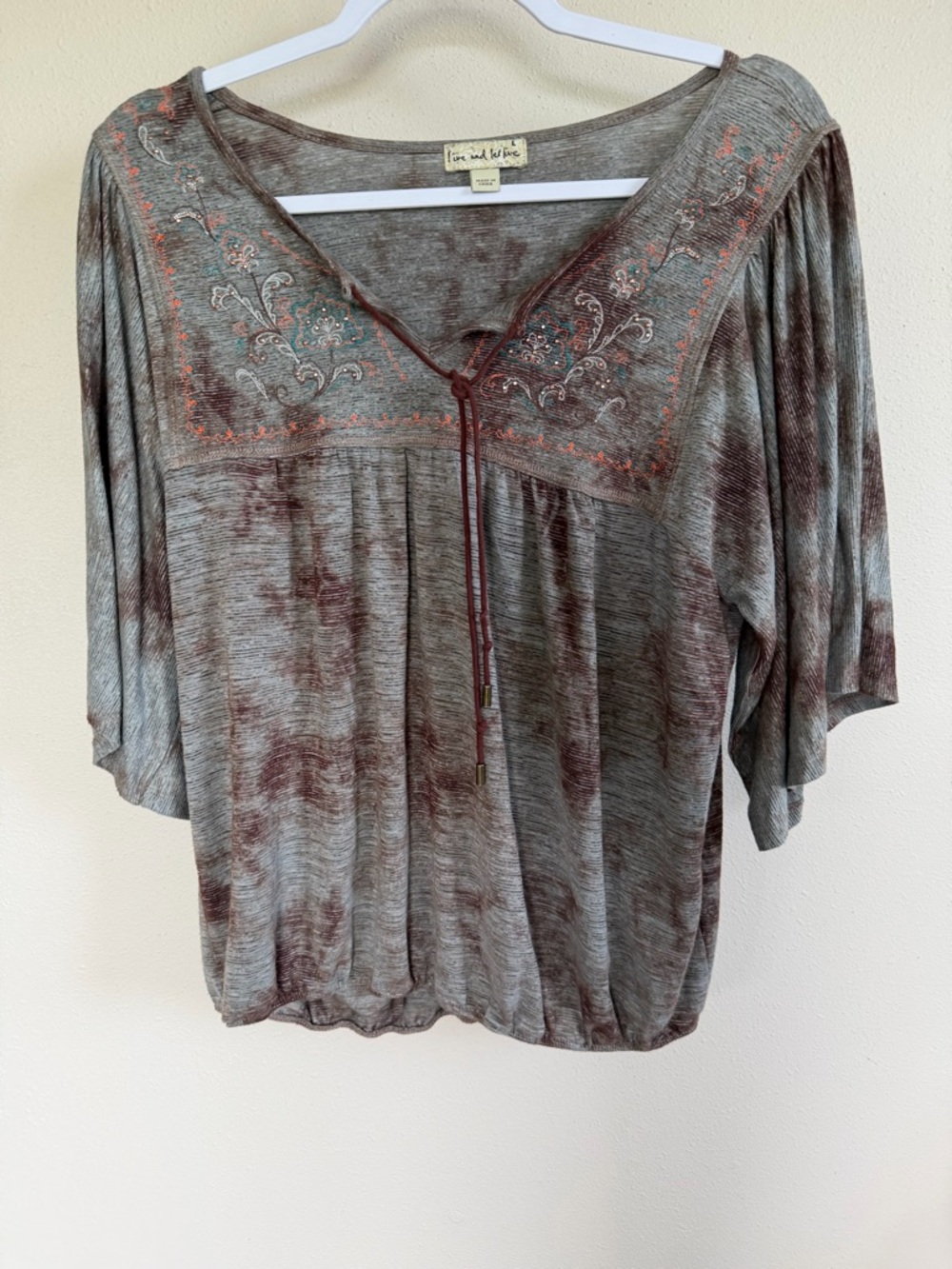 live and let live Gray Embroidered Tie-Neck Top with Rust and Teal Accent